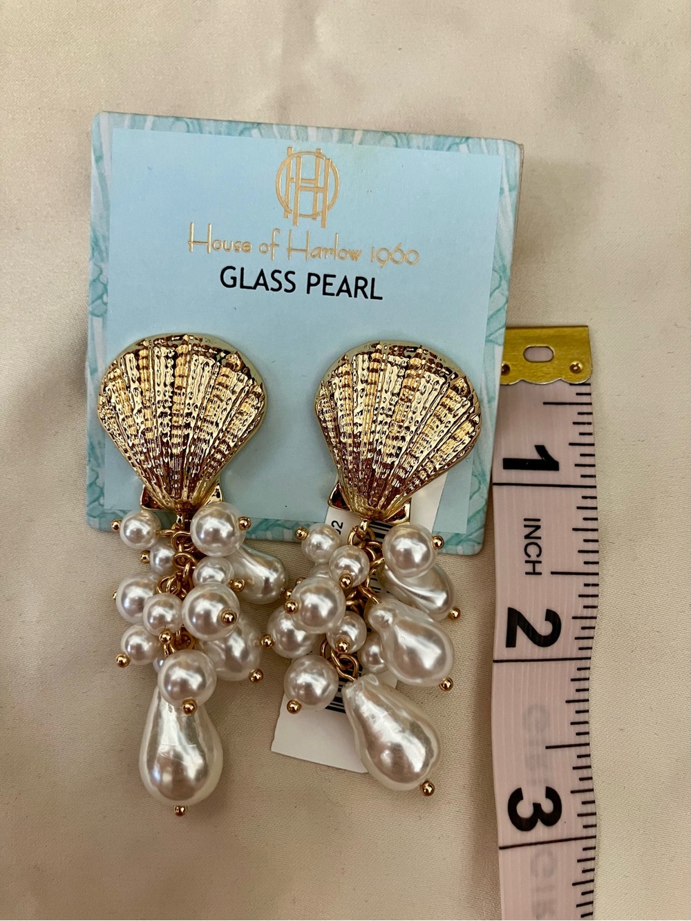 House of Harlow 1960 Gold Shell and White Pearl Cluster Drop Earrings - Picture 5 of 5